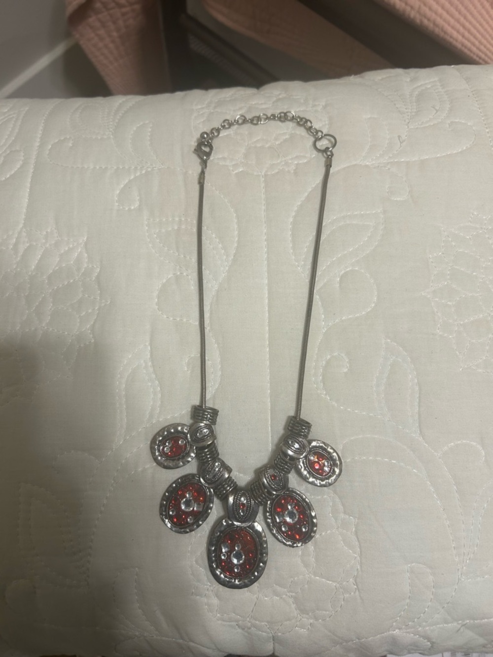 Silver-Tone Necklace with Red Medallion Pendants
